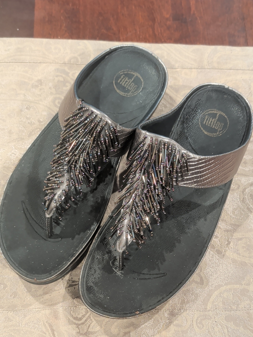 Fitflop Black Beaded Thong Sandals with Metallic Accents